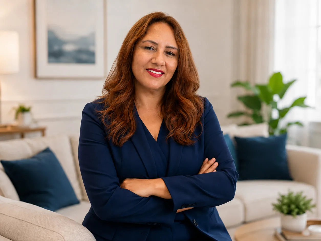 Smiling woman in a navy blazer, arms folded, in a bright, freshly cleaned living room